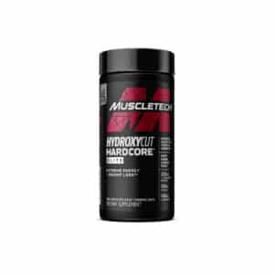 Black bottle of MuscleTech Hydroxycut Hardcore Elite dietary supplement with red geometric logo, highlighting key ingredients: 200mg C. Canephora Robusta, 100mg Coleus, and 100mg L-Theanine for thermogenic weight loss.