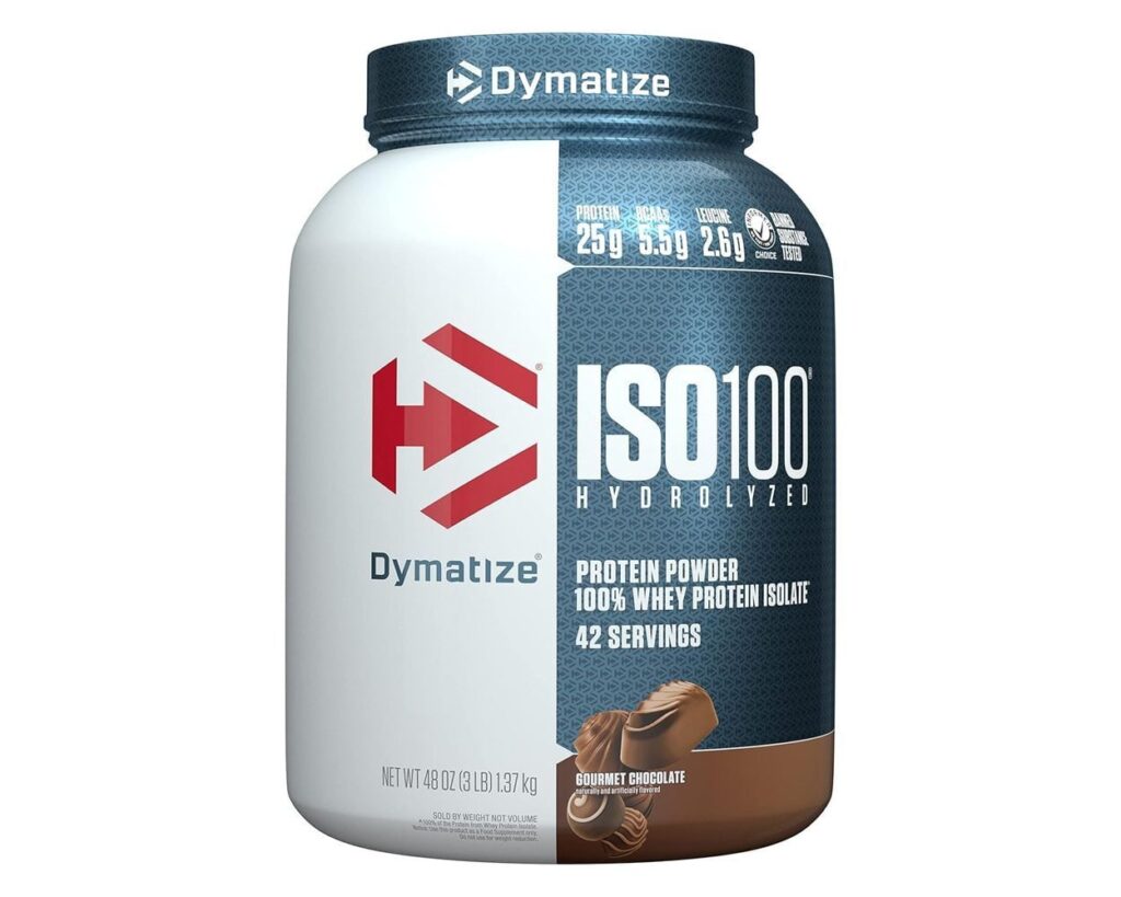 Dymatize ISO100 Hydrolyzed Whey Protein Isolate Gourmet Chocolate 3 lb protein powder container
