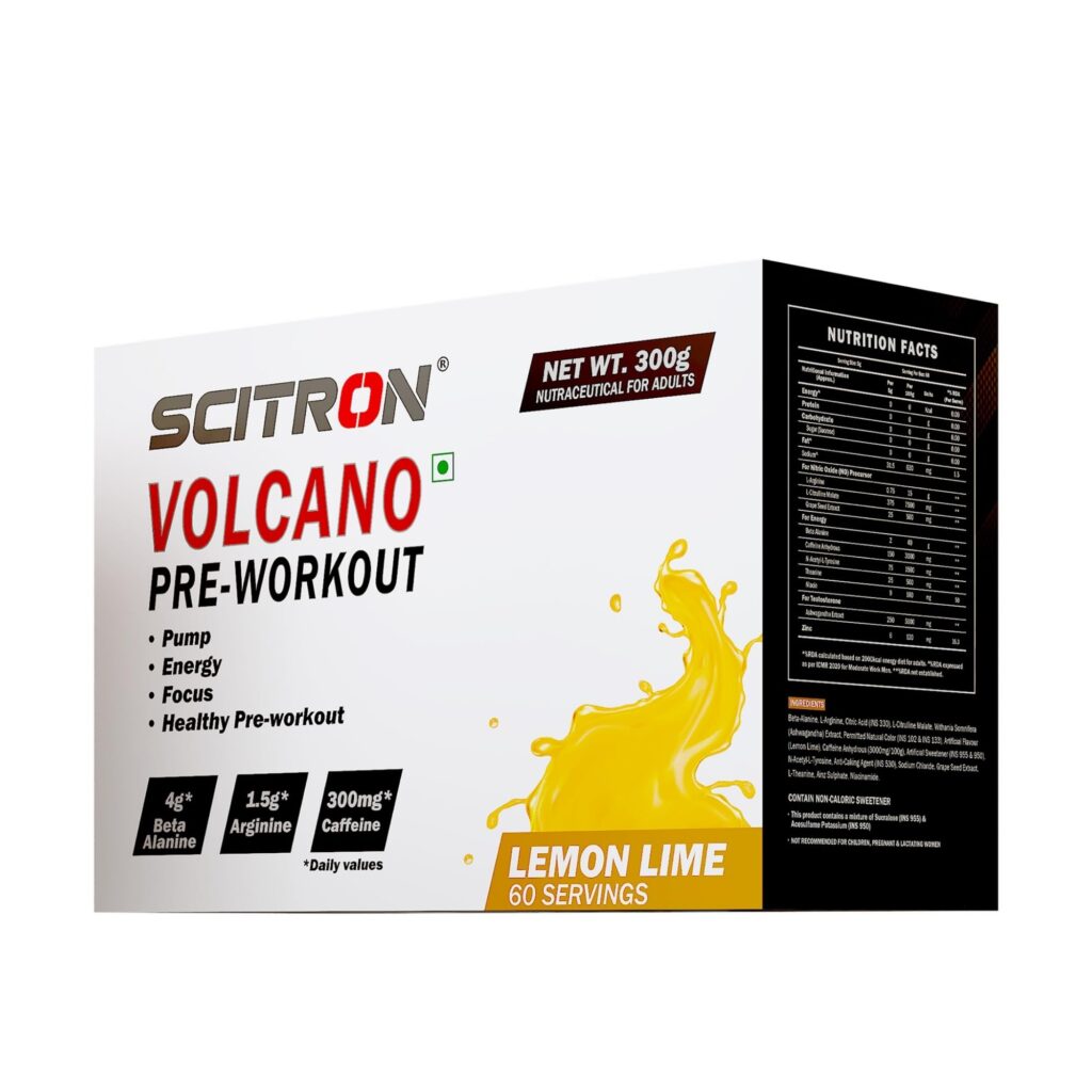 Scitron Volcano Pre Workout Lemon Lime 300g supplement for energy pump and focus