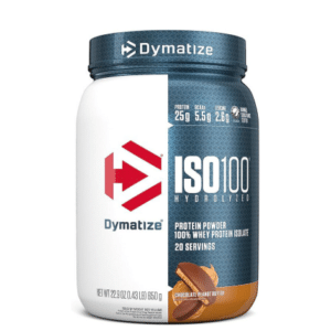 White and blue tub of Dymatize ISO100 Hydrolyzed Whey Protein Isolate, Chocolate Peanut Butter flavor, showing nutritional stats of 25g protein, 5.5g BCAAs, and 2.6g Leucine per serving.
