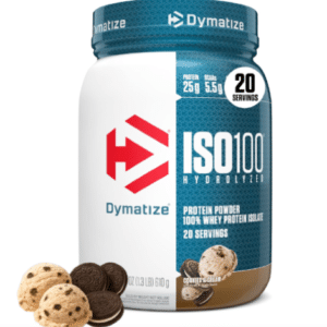 Dymatize ISO100 Hydrolyzed Whey Protein Isolate tub in Cookies & Cream flavor, showing 25g protein and 5.5g BCAAs per serving with chocolate sandwich cookie and cream scoop graphics.