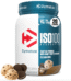 Dymatize ISO100 Hydrolyzed Whey Protein Isolate tub in Cookies & Cream flavor, showing 25g protein and 5.5g BCAAs per serving with chocolate sandwich cookie and cream scoop graphics.