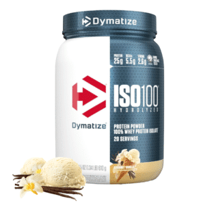 Dymatize ISO100 Hydrolyzed Whey Protein Isolate tub in Gourmet Vanilla flavor, featuring 25g protein per serving with vanilla bean and vanilla ice cream scoop graphics.