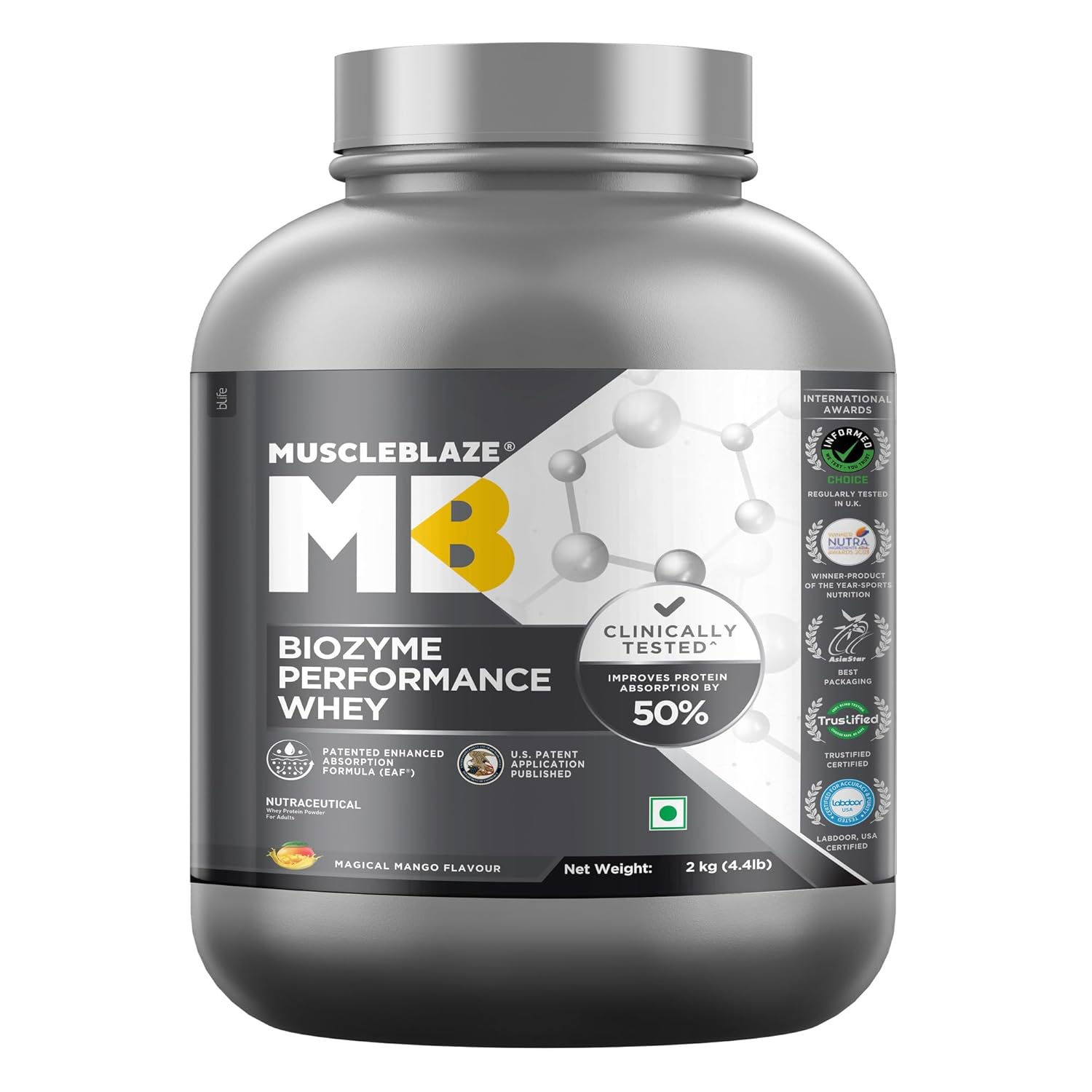 71dTBBp6qhL._SL1500_ MuscleBlaze Biozyme Performance Whey Protein 2kg – Magical Mango - Image 1